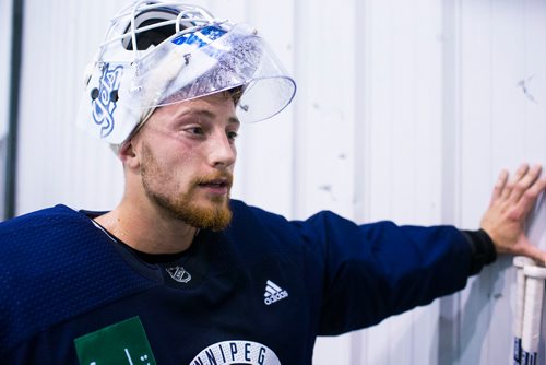 MIKAELA MACKENZIE / WINNIPEG FREE PRESS
Jets goalie Laurent Brossoit speaks to the media at the MTS Iceplex in Winnipeg on Wednesday, Sept. 12, 2018.  
Winnipeg Free Press 2018.