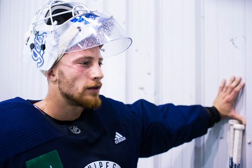 MIKAELA MACKENZIE / WINNIPEG FREE PRESS
Jets goalie Laurent Brossoit speaks to the media at the MTS Iceplex in Winnipeg on Wednesday, Sept. 12, 2018.  
Winnipeg Free Press 2018.