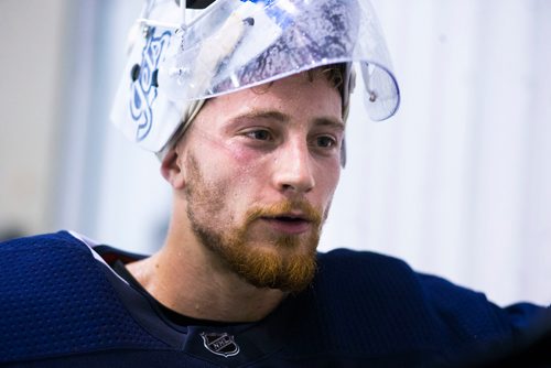 MIKAELA MACKENZIE / WINNIPEG FREE PRESS
Jets goalie Laurent Brossoit speaks to the media at the MTS Iceplex in Winnipeg on Wednesday, Sept. 12, 2018.  
Winnipeg Free Press 2018.