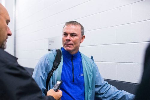 MIKAELA MACKENZIE / WINNIPEG FREE PRESS
Skills coach Adam Oates speaks to the media after a Jets practice at the MTS Iceplex in Winnipeg on Wednesday, Sept. 12, 2018.  
Winnipeg Free Press 2018.