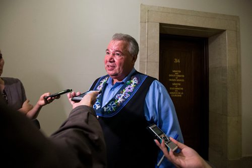 MIKAELA MACKENZIE / WINNIPEG FREE PRESS
Manitoba Metis Federation President David Chartrand speaks to the media after meeting with the Minister of Crown Services and the Minister of Indigenous and Northern Affairs at the Manitoba Legislative Building in Winnipeg on Wednesday, Sept. 12, 2018.  
Winnipeg Free Press 2018.