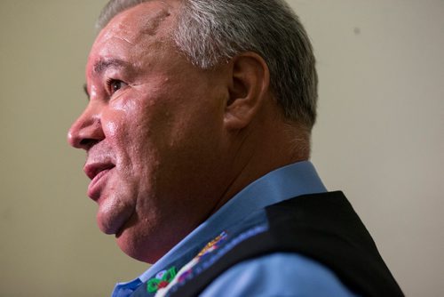 MIKAELA MACKENZIE / WINNIPEG FREE PRESS
Manitoba Metis Federation President David Chartrand speaks to the media after meeting with the Minister of Crown Services and the Minister of Indigenous and Northern Affairs at the Manitoba Legislative Building in Winnipeg on Wednesday, Sept. 12, 2018.  
Winnipeg Free Press 2018.