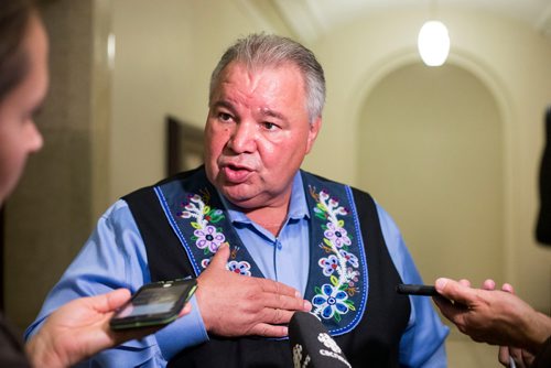 MIKAELA MACKENZIE / WINNIPEG FREE PRESS
Manitoba Metis Federation President David Chartrand speaks to the media after meeting with the Minister of Crown Services and the Minister of Indigenous and Northern Affairs at the Manitoba Legislative Building in Winnipeg on Wednesday, Sept. 12, 2018.  
Winnipeg Free Press 2018.