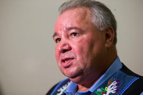 MIKAELA MACKENZIE / WINNIPEG FREE PRESS
Manitoba Metis Federation President David Chartrand speaks to the media after meeting with the Minister of Crown Services and the Minister of Indigenous and Northern Affairs at the Manitoba Legislative Building in Winnipeg on Wednesday, Sept. 12, 2018.  
Winnipeg Free Press 2018.