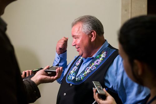 MIKAELA MACKENZIE / WINNIPEG FREE PRESS
Manitoba Metis Federation President David Chartrand speaks to the media after meeting with the Minister of Crown Services and the Minister of Indigenous and Northern Affairs at the Manitoba Legislative Building in Winnipeg on Wednesday, Sept. 12, 2018.  
Winnipeg Free Press 2018.