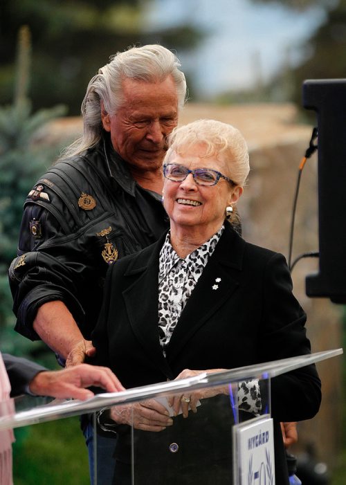 PHIL HOSSACK / WINNIPEG FREE PRESS - Former Lt Governor of Manitoba Pearl McGonnigal and Fashion Mogul Peter Nygard at a ribbon cutting ceremony at Nygard fashions head office Wednesday evening. - Sept 12, 2018