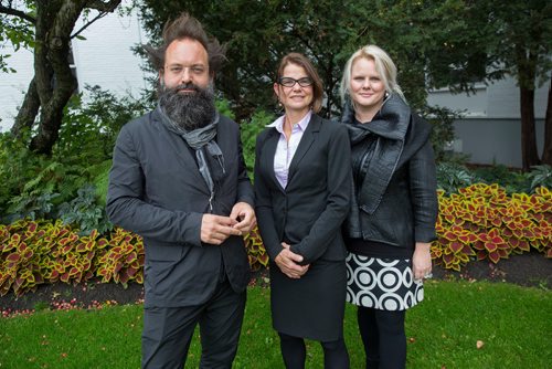 MIKE DEAL / WINNIPEG FREE PRESS
(from left) Sasa Radulovic, Aynslee Hurdal and Johanna Hurme from 5468796 Architecture received a Governor General Medal in Architecture for the design of the Parallelogram House in East St. Paul during an awards ceremony at Government House.
180913 - Thursday, September 13, 2018.