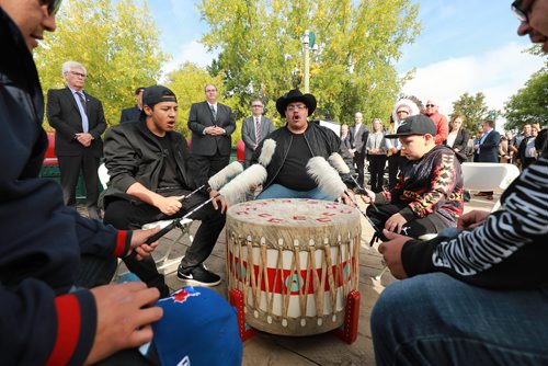 RUTH BONNEVILLE / WINNIPEG FREE PRESS 


The Government of Canada announces support for acquisition and repair of Churchill rail line by Arctic Gateway Group at press conference  held on the Forks historic bridge Friday.

Photo of Spirit Sands Singers and drummers from Swan Lake perform before press conference begins.  

Key players in attendance were:
MP Jim Carr (Minister of International Trade Diversification), Grand Chief Arlen Dumas, Fairfax President Paul Rivett, mayor of Churchill Mike Spence and AGT Food Inc. director of corporate affairs Omer Al-Katib. 

See Martin Cash story. 

September 14/18 
