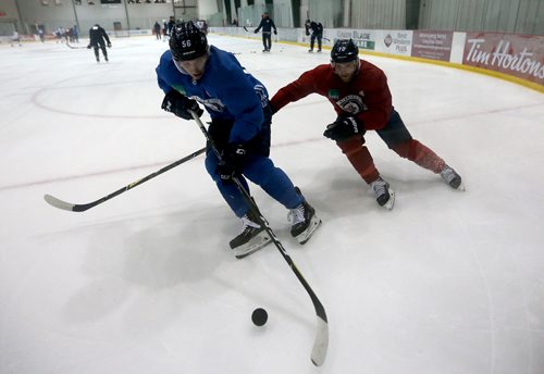 TREVOR HAGAN / WINNIPEG FREE PRESS
Winnipeg Jets' Marko Dano (56) and Joe Morrow (70) at practice this morning at Iceplex, Saturday, September 15, 2018.