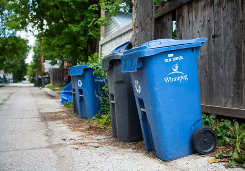 ANDREW RYAN / WINNIPEG FREE PRES Recycling bins sit in an alley way awaiting city pick-up. Reporter Jill Wilson looked through Wolseley residents' recycling bins for misplaced items on July 26, 2018.