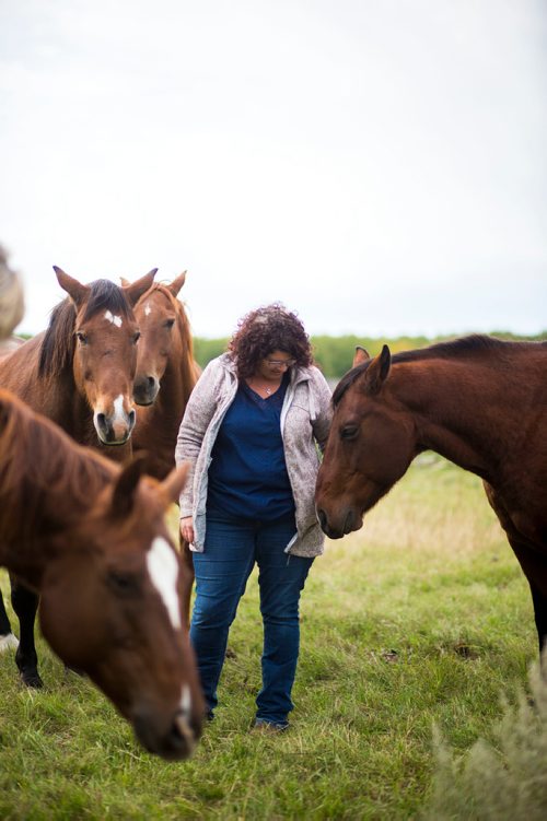 MIKAELA MACKENZIE / WINNIPEG FREE PRESS
Tracy Wood with her horses at Farm Away, just outside of Portage la Prairie, on Wednesday, Sept. 19, 2018.  
Winnipeg Free Press 2018.