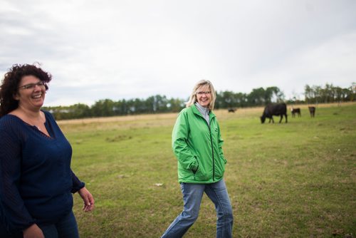 MIKAELA MACKENZIE / WINNIPEG FREE PRESS
Tracy Wood (left) and Taralea Simpson, owners of Farm Away, walk through the cattle field of their family farm just outside of Portage la Prairie on Wednesday, Sept. 19, 2018.
Winnipeg Free Press 2018.