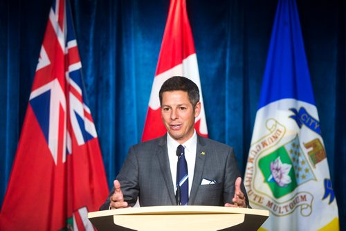 MIKAELA MACKENZIE / WINNIPEG FREE PRESS
Mayor Brian Bowman speaks to the media during a break at the last meeting of the current council membership at City Hall in Winnipeg on Thursday, Sept. 20, 2018.  
Winnipeg Free Press 2018.