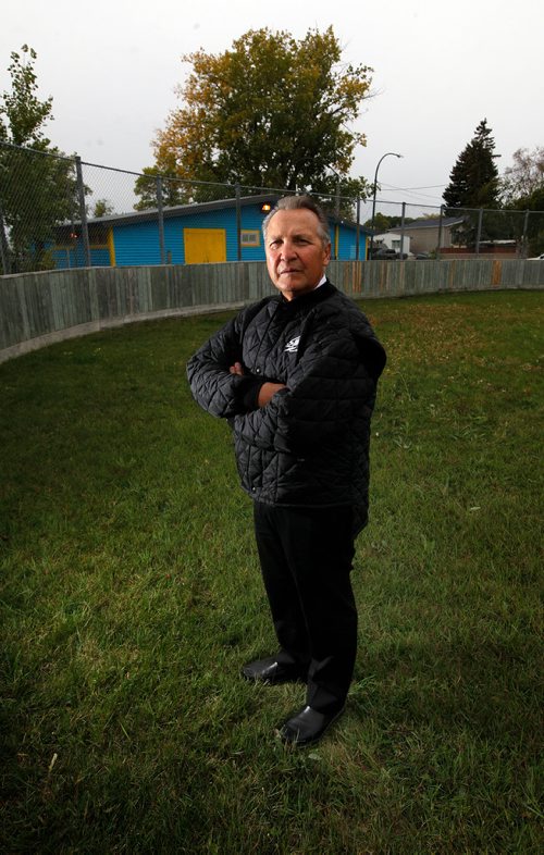 PHIL HOSSACK / WINNIPEG FREE PRESS -Pat Werestiuk poses at Pascoe Field and Community Centre Thursday. Pat has elevated levels of lead in his bloodstrem and grew up and played here in Weston on the community centre's fields and grounds as a kid.- Sept20, 2018