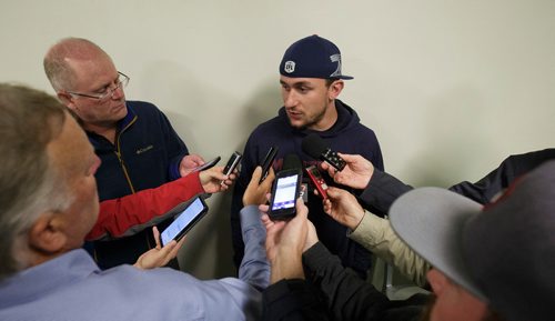 MIKE DEAL / WINNIPEG FREE PRESS
Montreal Alouettes starting quarterback Johnny Manziel talks to media after arriving at Investors Group Field Thursday afternoon.
180920 - Thursday, September 20, 2018.