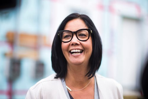 MIKAELA MACKENZIE / WINNIPEG FREE PRESS
Michelle Pereira, VP of Marketing, Communications & Philanthropy, laughs before speaking about recent thefts of copper wiring, tools, and more at the the 284 Cathedral build site in Winnipeg on Friday, Sept. 21, 2018.  Winnipeg Free Press 2018.