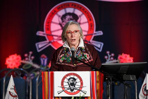 MIKE DEAL / WINNIPEG FREE PRESS
Carolyn Bennett, Minister of Crown-Indigenous Relations, speaks prior to the announcement with David Chartrand, President of the Manitoba Metis Federation, regarding a three-part plan that includes a self-government deal and $154.3M in funding to support that during the opening ceremonies of the Manitoba Metis Federations Annual General Assembly.
180922 - Saturday, September 22, 2018.