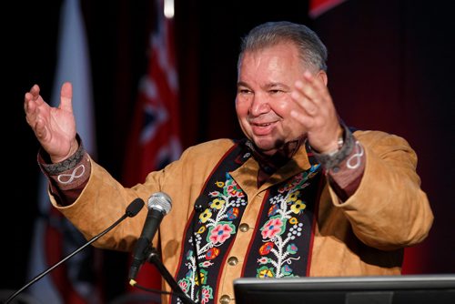 MIKE DEAL / WINNIPEG FREE PRESS
David Chartrand, President of the Manitoba Metis Federation, speaks prior to the announcement with Carolyn Bennett, Minister of Crown-Indigenous Relations, regarding a three-part plan that includes a self-government deal and $154.3M in funding to support that during the opening ceremonies of the Manitoba Metis Federations Annual General Assembly.
180922 - Saturday, September 22, 2018.