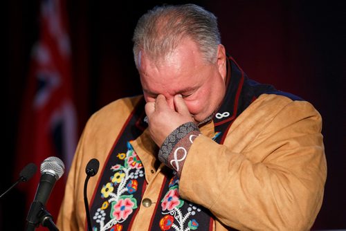 MIKE DEAL / WINNIPEG FREE PRESS
David Chartrand, President of the Manitoba Metis Federation, gets emotional during his speech prior to the announcement with Carolyn Bennett, Minister of Crown-Indigenous Relations, regarding a three-part plan that includes a self-government deal and $154.3M in funding to support that during the opening ceremonies of the Manitoba Metis Federations Annual General Assembly.
180922 - Saturday, September 22, 2018.