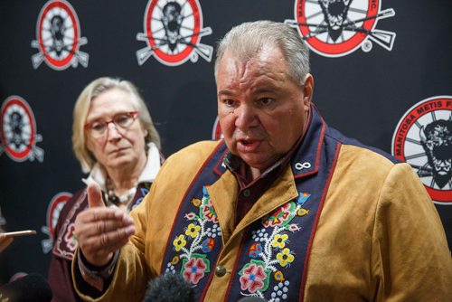 MIKE DEAL / WINNIPEG FREE PRESS
Carolyn Bennett, Minister of Crown-Indigenous Relations, and David Chartrand, President of the Manitoba Metis Federation, after the announcement of a three-part plan that includes a self-government deal and $154.3M in funding to support that during the opening ceremonies of the Manitoba Metis Federations Annual General Assembly.
180922 - Saturday, September 22, 2018.