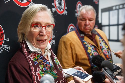 MIKE DEAL / WINNIPEG FREE PRESS
Carolyn Bennett, Minister of Crown-Indigenous Relations, and David Chartrand, President of the Manitoba Metis Federation, after the announcement of a three-part plan that includes a self-government deal and $154.3M in funding to support that during the opening ceremonies of the Manitoba Metis Federations Annual General Assembly.
180922 - Saturday, September 22, 2018.
