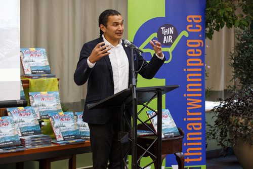 MIKE DEAL / WINNIPEG FREE PRESS
Manitoba NDP Leader Wab Kinew reads from his children's book Go Show the World: A Celebation of Indigenous Heroes Saturday afternoon during the Thin Air Winnipeg International Writers Festival at McNally Robinson Grant Park. The festival runs from September 21-29.
180922 - Saturday, September 22, 2018.