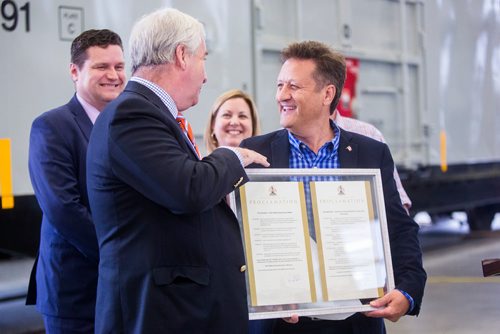 MIKAELA MACKENZIE / WINNIPEG FREE PRESS
Infrastructure Minister Ron Schuler (right) and executive vice-president of CN Sean Finn kick off rail safety week at the CN Claude Mongeau National Training Centre in Winnipeg on Tuesday, Sept. 25, 2018.  Winnipeg Free Press 2018.