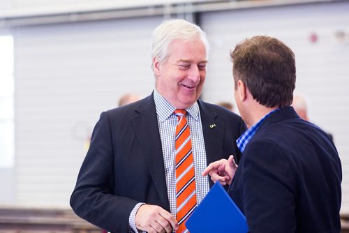 MIKAELA MACKENZIE / WINNIPEG FREE PRESS
Executive vice-president of CN Sean Finn chats with Infrastructure Minister Ron Schuler prior to the kick-off for rail safety week at the CN Claude Mongeau National Training Centre in Winnipeg on Tuesday, Sept. 25, 2018.  Winnipeg Free Press 2018.