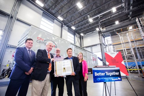 MIKAELA MACKENZIE / WINNIPEG FREE PRESS
James Teitsma (left), Sean Finn, Bob Lagasse, Ron Schuler, and Sarah Guillemard kick off rail safety week at the CN Claude Mongeau National Training Centre in Winnipeg on Tuesday, Sept. 25, 2018.  Winnipeg Free Press 2018.