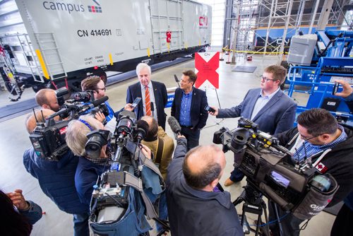 MIKAELA MACKENZIE / WINNIPEG FREE PRESS
Executive vice-president of CN Sean Finn (left) and Infrastructure Minister Ron Schuler speak to the media at a kick-off for rail safety week at the CN Claude Mongeau National Training Centre in Winnipeg on Tuesday, Sept. 25, 2018.  Winnipeg Free Press 2018.