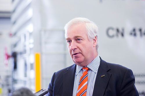 MIKAELA MACKENZIE / WINNIPEG FREE PRESS
Executive vice-president of CN Sean Finn speaks to the media at a kick-off for rail safety week at the CN Claude Mongeau National Training Centre in Winnipeg on Tuesday, Sept. 25, 2018.  Winnipeg Free Press 2018.