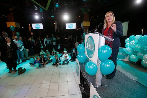 JOHN WOODS / WINNIPEG FREE PRESS
Mayoral candidate Jenny Motkaluk speaks at a rally of her supporters at Canadian Inns Monday, September 24, 2018.