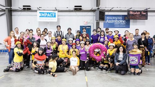SUBMITTED PHOTO / MATT DUBOFF

Roller derby skaters and officials pose for a photo after the Winnipeg Roller Derby League's FUNraiser game in support of the North Point Douglas Women's Centre on Sept. 7, 2018. (See Social Page)