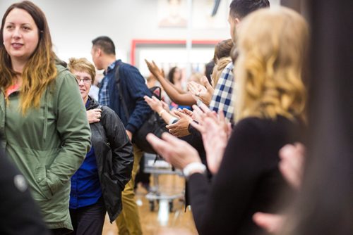 MIKAELA MACKENZIE / WINNIPEG FREE PRESS
The first customers are clapped in at the HomeSense and Winners Winnipeg grand opening in Winnipeg on Tuesday, Sept. 25, 2018.  Winnipeg Free Press 2018.