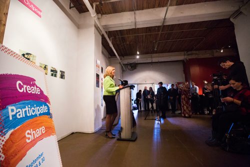 MIKAELA MACKENZIE / WINNIPEG FREE PRESS
Cathy Cox, Minister of Sport, Culture and Heritage, speaks at the Culture Days Manitoba and Nuit Blanche Winnipeg media launch in Winnipeg on Tuesday, Sept. 25, 2018.  Winnipeg Free Press 2018.