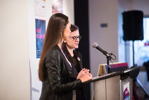 MIKAELA MACKENZIE / WINNIPEG FREE PRESS
Tia Watson (right) and Meighan Giesbrecht, curators of the Winnipeg Design Festival, speak at the Culture Days Manitoba and Nuit Blanche Winnipeg media launch in Winnipeg on Tuesday, Sept. 25, 2018.  Winnipeg Free Press 2018.