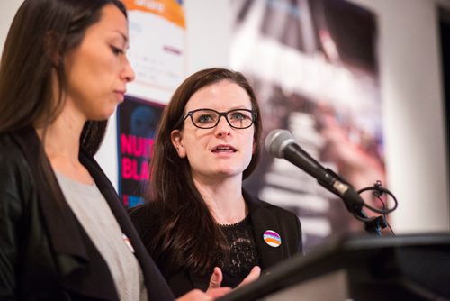 MIKAELA MACKENZIE / WINNIPEG FREE PRESS
Tia Watson (right) and Meighan Giesbrecht, curators of the Winnipeg Design Festival, speak at the Culture Days Manitoba and Nuit Blanche Winnipeg media launch in Winnipeg on Tuesday, Sept. 25, 2018.  Winnipeg Free Press 2018.