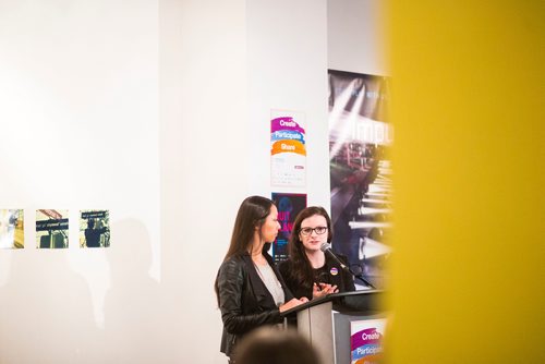 MIKAELA MACKENZIE / WINNIPEG FREE PRESS
Tia Watson (right) and Meighan Giesbrecht, curators of the Winnipeg Design Festival, speak at the Culture Days Manitoba and Nuit Blanche Winnipeg media launch in Winnipeg on Tuesday, Sept. 25, 2018.  Winnipeg Free Press 2018.