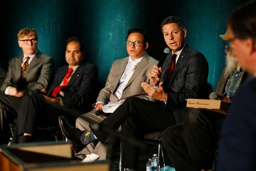 JOHN WOODS / WINNIPEG FREE PRESS
Mayoral candidates, from left, Doug Wilson, Umar Hayat and Venkat Machiraju listen in as mayor Brian Bowman speaks in a mayoral debate at 360 Portage, Tuesday, September 25, 2018. 
