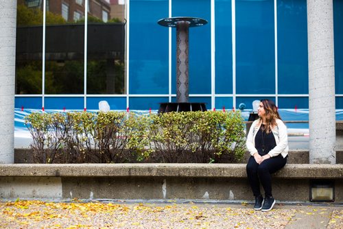 MIKAELA MACKENZIE / WINNIPEG FREE PRESS
Artist Julie Nagam poses by her work in a new public art installation at Air Canada Park in Winnipeg on Wednesday, Sept. 26, 2018.  Winnipeg Free Press 2018.