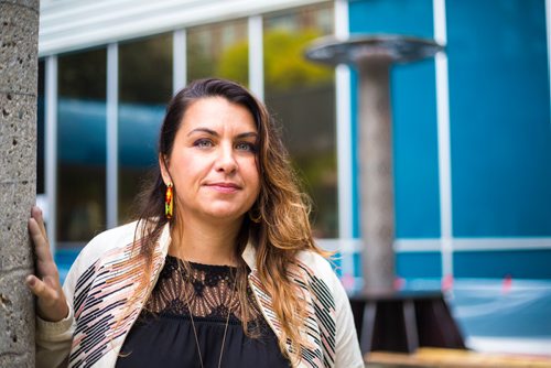 MIKAELA MACKENZIE / WINNIPEG FREE PRESS
Artist Julie Nagam poses by her work in a new public art installation at Air Canada Park in Winnipeg on Wednesday, Sept. 26, 2018.  Winnipeg Free Press 2018.