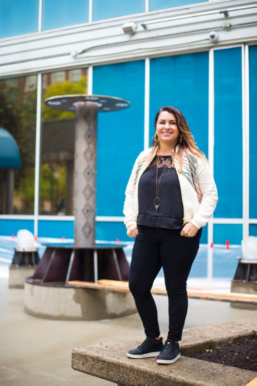 MIKAELA MACKENZIE / WINNIPEG FREE PRESS
Artist Julie Nagam poses by her work in a new public art installation at Air Canada Park in Winnipeg on Wednesday, Sept. 26, 2018.  Winnipeg Free Press 2018.