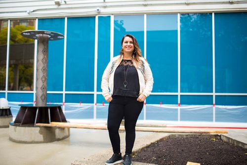 MIKAELA MACKENZIE / WINNIPEG FREE PRESS
Artist Julie Nagam poses by her work in a new public art installation at Air Canada Park in Winnipeg on Wednesday, Sept. 26, 2018.  Winnipeg Free Press 2018.