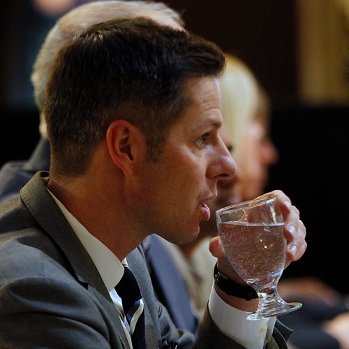 PHIL HOSSACK / WINNIPEG FREE PRESS - Irian Bowman refreshes before beginning the first question in front of members of the audience at a Mayoral Forum held at the Forks Wednesday evening.  - Sept 26, 2018