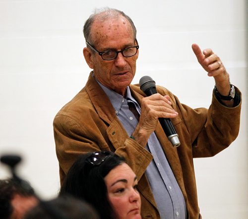 PHIL HOSSACK / WINNIPEG FREE PRESS - Sel Burrows speaks at a meth info session at Gonzaga School in North Point Douglas Wednesday.  - Sept 26, 2018