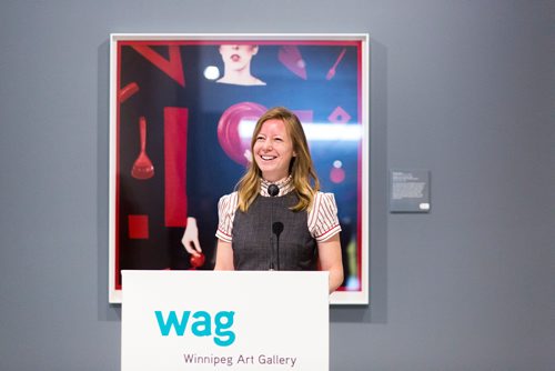 MIKAELA MACKENZIE / WINNIPEG FREE PRESS
Catherine Maksymiuk speaks at the media preview of the new fall exhibit, The 80s Image, at the Winnipeg Art Gallery in Winnipeg on Thursday, Sept. 27, 2018.  Winnipeg Free Press 2018.