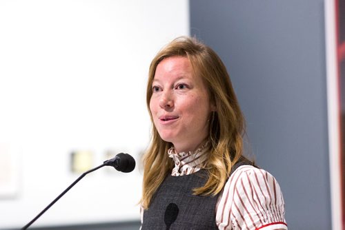 MIKAELA MACKENZIE / WINNIPEG FREE PRESS
Catherine Maksymiuk speaks at the media preview of the new fall exhibit, The 80s Image, at the Winnipeg Art Gallery in Winnipeg on Thursday, Sept. 27, 2018.  Winnipeg Free Press 2018.