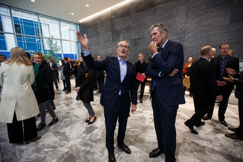 MIKE DEAL / WINNIPEG FREE PRESS
Jim Ludlow, President, True North Real Estate Development and Brian Pallister, Premier of Manitoba during the opening of True North Square's public plaza.
True North Real Estate Development celebrated the official opening of True North Square's public plaza Thursday afternoon inside the lobby of 242 Hargrave because of inclement weather..
180927 - Thursday, September 27, 2018.