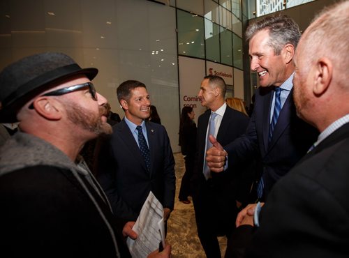 MIKE DEAL / WINNIPEG FREE PRESS
(from left); Ace Burpee, Mayor Brian Bowman, Kevin Chief, VP Business Council of Manitoba, and Brian Pallister, Premier of Manitoba laugh during the opening of True North Square's public plaza.
True North Real Estate Development celebrated the official opening of True North Square's public plaza Thursday afternoon inside the lobby of 242 Hargrave because of inclement weather..
180927 - Thursday, September 27, 2018.
