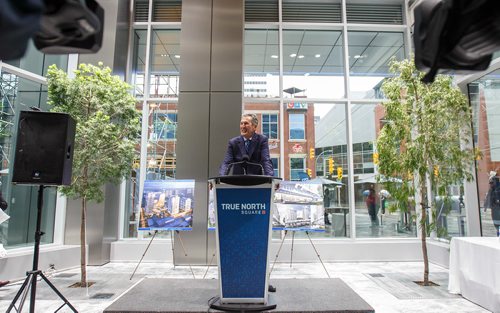 MIKE DEAL / WINNIPEG FREE PRESS
Brian Pallister, Premier of Manitoba during the opening of True North Square's public plaza.
True North Real Estate Development celebrated the official opening of True North Square's public plaza Thursday afternoon inside the lobby of 242 Hargrave because of inclement weather..
180927 - Thursday, September 27, 2018.